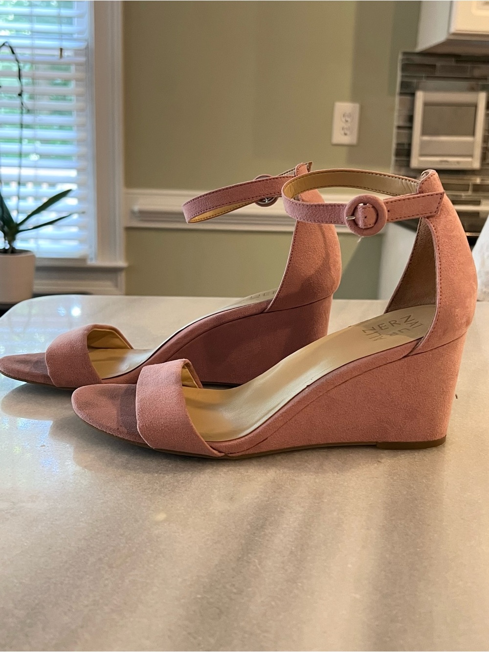 Naturalizer Dusty Pink Suede Ankle-Strap Wedge Sandals